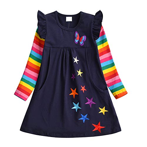 DXTON Mädchen Kleider 100% Baumwolle Kleid Langarm Herbst Winter Süße Kinder Kleidung BlauLH5808 , Blaulh5808, 1-2 Jahre von DXTON