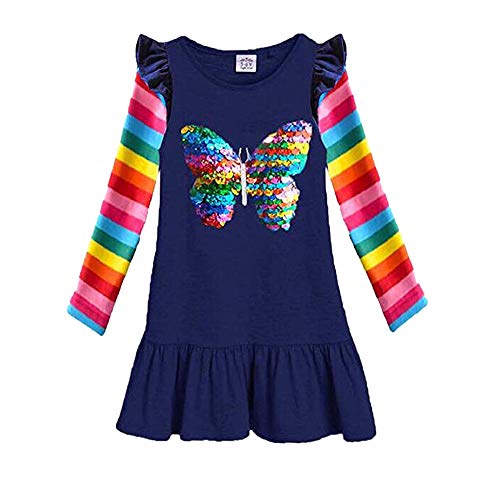 DXTON Mädchen Kleider Langarm Kleid 100% Baumwolle Süße Kinderkleidung Winter Geschenk BlauLH5880 8T von DXTON