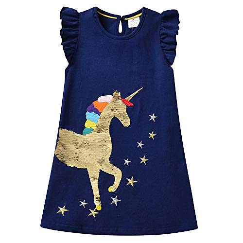 DXTON Mädchen Kleider Kurzarm Kleid 100% Baumwolle Süße Kinderkleidung Sommer Geschenk BlauSH6488 3T von DXTON