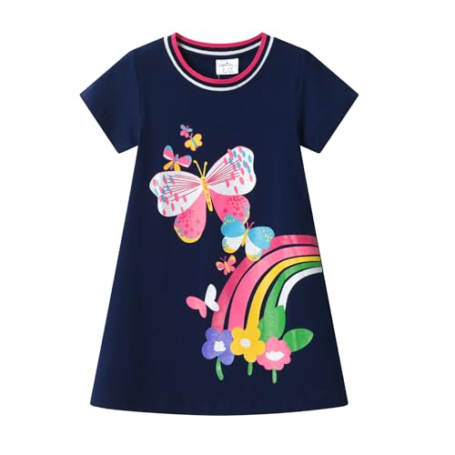 DXTON Mädchen Kleider Kurzarm Kleid 100% Baumwolle Süße Kinderkleidung Sommer Geschenk BlauSH2701 4T von DXTON