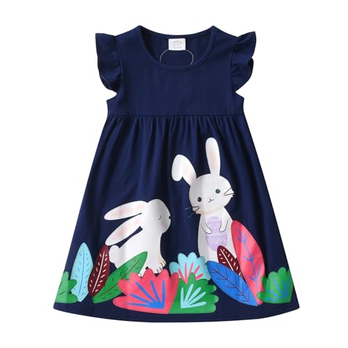 DXTON Mädchen Kleider Kurzarm Kleid 100% Baumwolle Süße Kinderkleidung Sommer Geschenk BlauSH8200 5T von DXTON
