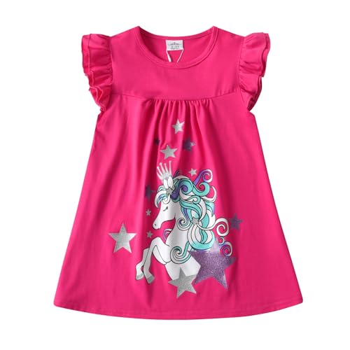 DXTON Mädchen Kleider Kurzarm Kleid 100% Baumwolle Süße Kinderkleidung Sommer Geschenk RosaSH5812 3T von DXTON