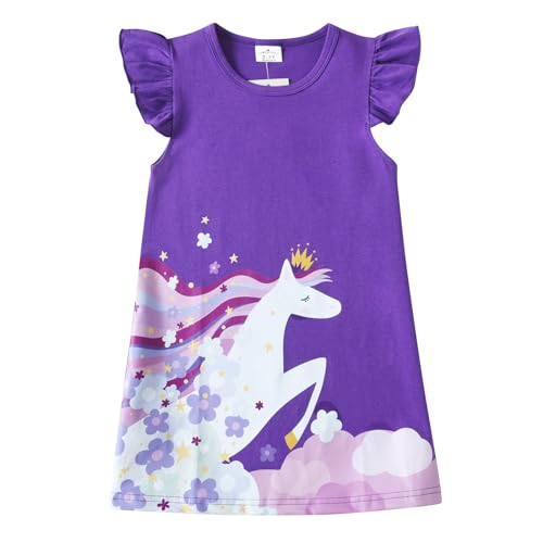 DXTON Mädchen Kleider Kurzarm Kleid 100% Baumwolle Süße Kinderkleidung Sommer Geschenk ViolettSH7605 4T von DXTON
