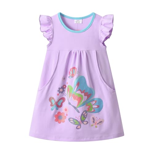 DXTON Mädchen Kleider Kurzarm Kleid 100% Baumwolle Süße Kinderkleidung Sommer Geschenk ViolettSH8414 3T von DXTON