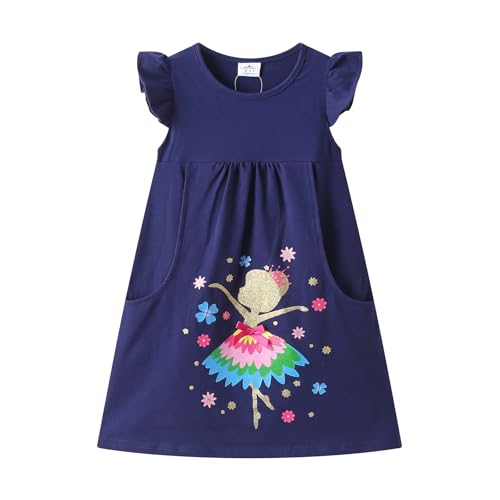 DXTON Mädchen Kleider Kurzarm Kleid Baumwolle Kinder Kleidung Sommer Casual Festlich Geburtstag Geschenk BlauSH8406 8T von DXTON