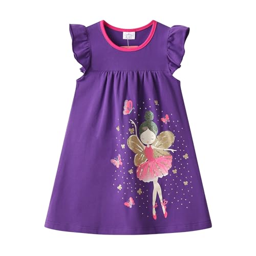DXTON Mädchen Kleider Kurzarm Kleid Baumwolle Kinder Kleidung Sommer Casual Festlich Geburtstag Geschenk ViolettSH8407 8T von DXTON