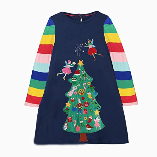 DXTON Mädchen Kleider Langarm Kleid 100% Baumwolle Süße Kinderkleidung Winter Geschenk BlauLH2880 3T von DXTON
