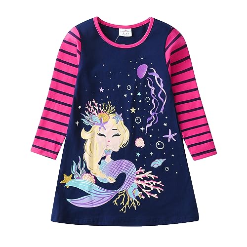 DXTON Mädchen Kleider Langarm Kleid 100% Baumwolle Süße Kinderkleidung Winter Geschenk BlauLH2881 3T von DXTON