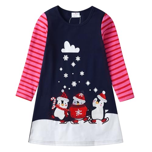 DXTON Mädchen Kleider Langarm Kleid 100% Baumwolle Süße Kinderkleidung Winter Geschenk BlauLH2884 5T von DXTON
