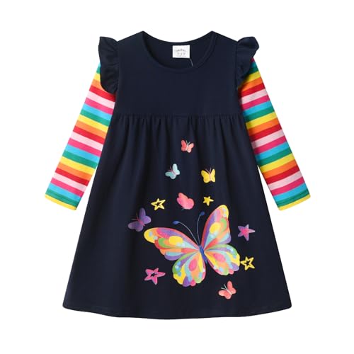 DXTON Mädchen Kleider Langarm Kleid 100% Baumwolle Süße Kinderkleidung Winter Geschenk BlauLH8400 3T von DXTON