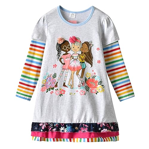 DXTON Mädchen Kleider Langarm Kleid 100% Baumwolle Süße Kinderkleidung Winter Geschenk GrauLH2660 7T von DXTON