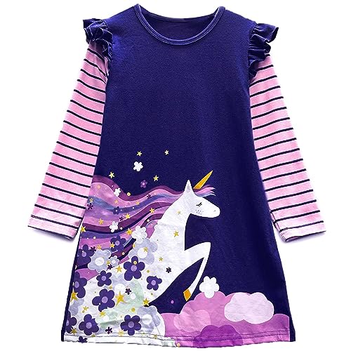DXTON Mädchen Kleider Langarm Kleid 100% Baumwolle Süße Kinderkleidung Winter Geschenk ViolettLH7605 7T von DXTON