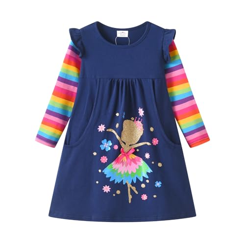 DXTON Mädchen Kleider Langarm Kleid Baumwolle Kinder Kleidung Winter Casual Festlich Geburtstag Geschenk BlauLH8406 6T von DXTON