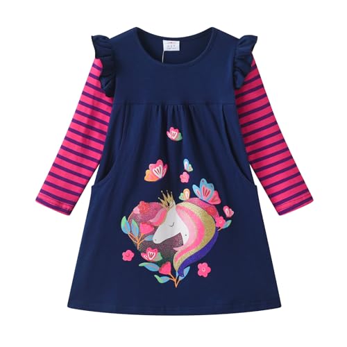 DXTON Mädchen Kleider Langarm Kleid Baumwolle Kinder Kleidung Winter Casual Festlich Geburtstag Geschenk BlauLH8408 5T von DXTON