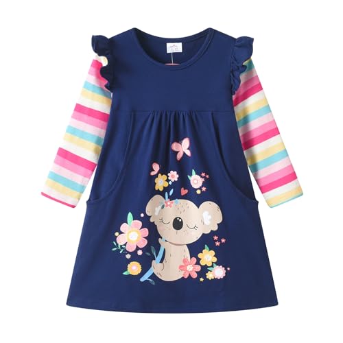 DXTON Mädchen Kleider Langarm Kleid Baumwolle Kinder Kleidung Winter Casual Festlich Geburtstag Geschenk BlauLH8411 4T von DXTON