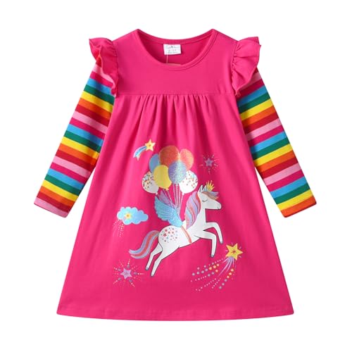 DXTON Mädchen Kleider Langarm Kleid Baumwolle Kinder Kleidung Winter Casual Festlich Geburtstag Geschenk RosaLH8410 6T von DXTON