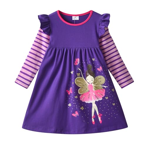 DXTON Mädchen Kleider Langarm Kleid Baumwolle Kinder Kleidung Winter Casual Festlich Geburtstag Geschenk ViolettLH8407 4T von DXTON