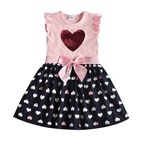 DXTON Mädchen Kleider Pailletten Muster Sommer Kurzarm Kleidung Party Kids Kleid RosaSh5740 6-7 Jahre von DXTON