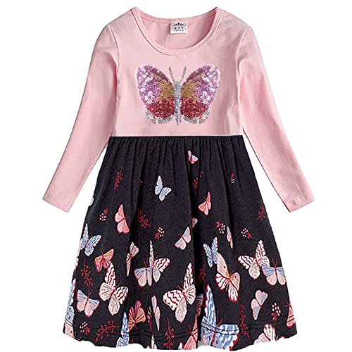 DXTON Mädchen Kleider Pailletten Muster Winter Langarm Kleidung Party Kids Kleid RosaLh5752 7-8 Jahre von DXTON