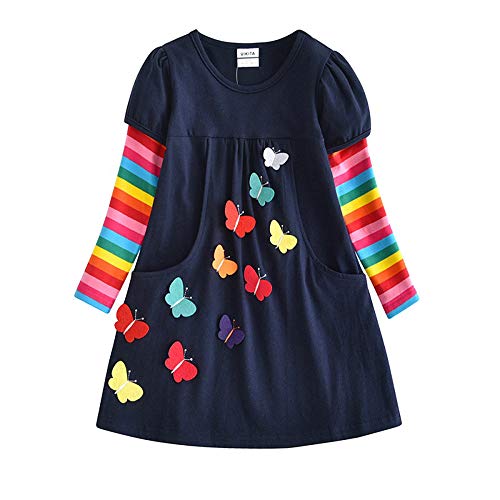 DXTON Mädchen Kleider 100% Baumwolle Kleid Langarm Herbst Winter Süße Kinder Kleidung BlauLH5805 6T,5-6 Jahre von DXTON