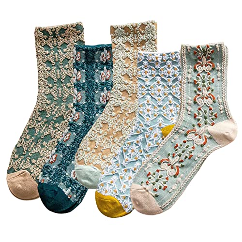 DXYAKY 5 Paar Damen-Socken mit Blumenmuster, Baumwolle, Vintage-Muster, Rundhals-Socken, Knöchel, gerüscht, warm, lässig, Socken, 5 Paar – Blau, Einheitsgröße von DXYAKY