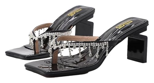 DXZXDJIU Damen-Flip-Flops mit Strasssteinen und klobigem Absatz – Sandalen mit quadratischer offener Spitze for Strand und Freizeit(Black,39) von DXZXDJIU