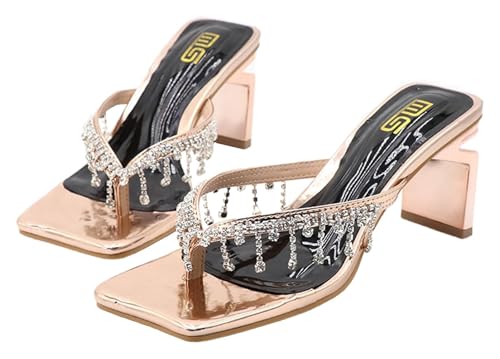 DXZXDJIU Damen-Flip-Flops mit Strasssteinen und klobigem Absatz – Sandalen mit quadratischer offener Spitze for Strand und Freizeit(Gold,39) von DXZXDJIU