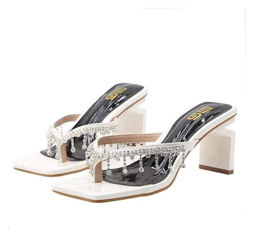 DXZXDJIU Damen-Flip-Flops mit Strasssteinen und klobigem Absatz – Sandalen mit quadratischer offener Spitze for Strand und Freizeit(White,41) von DXZXDJIU