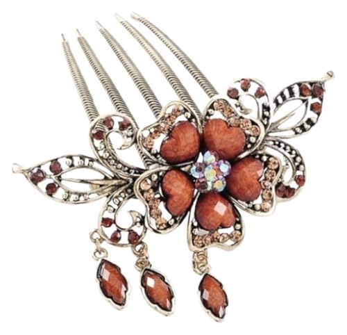DXZXDJIU Eleganter Haarkamm mit Strass-Blumen for Hochzeiten | Braut-Haarschmuck mit Quaste | Dekorativer Retro-Seitenkamm for Frauen(Curry) von DXZXDJIU