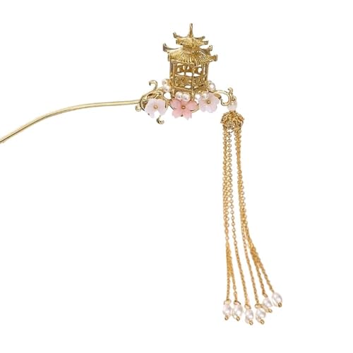 DXZXDJIU Haarstäbe im Vintage-Stil im chinesischen Stil mit Pavillonblumen und Quasten for Frauen – Eleganter Haarschmuck von DXZXDJIU
