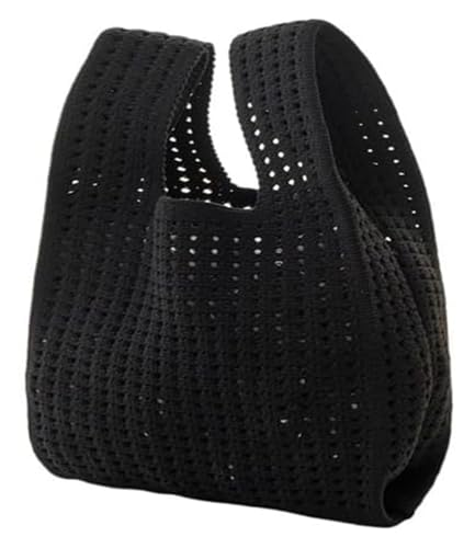 DXZXDJIU Handgefertigte Mini-Strickhandtasche for Damen | Bunte gestreifte Karierte Tragetasche | Lässige Handgelenktasche for Studenten | Wiederverwendbare Einkaufstasche(Black) von DXZXDJIU