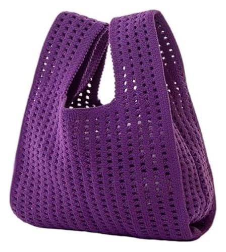 DXZXDJIU Handgefertigte Mini-Strickhandtasche for Damen | Bunte gestreifte Karierte Tragetasche | Lässige Handgelenktasche for Studenten | Wiederverwendbare Einkaufstasche(Purple) von DXZXDJIU