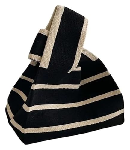 DXZXDJIU Handgefertigte kleine Strickhandtasche for Damen – lässige Mini-Tragetasche mit Breiten Streifen und Handgelenkstasche for Studenten(Black) von DXZXDJIU