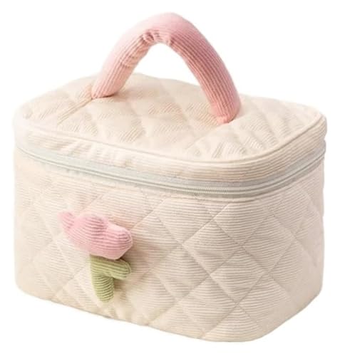 Kosmetiktasche mit großem Fassungsvermögen for Damen mit Tulpenblumen – tragbarer Reise-Make-up-Organizer aus Cord mit Reißverschluss(Beige Bucket Bag) von DXZXDJIU