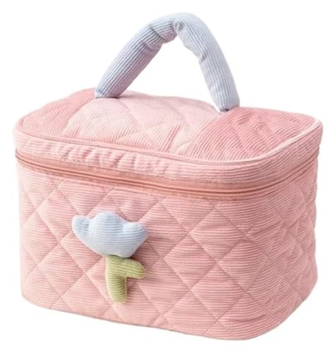 Kosmetiktasche mit großem Fassungsvermögen for Damen mit Tulpenblumen – tragbarer Reise-Make-up-Organizer aus Cord mit Reißverschluss(Pink Bucket Bag) von DXZXDJIU