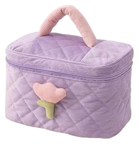 Kosmetiktasche mit großem Fassungsvermögen for Damen mit Tulpenblumen – tragbarer Reise-Make-up-Organizer aus Cord mit Reißverschluss(Purple Bucket Bag) von DXZXDJIU