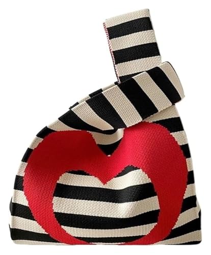 DXZXDJIU Minimalist Love Gestreifte, handgefertigte Strickhandtasche – Mini-Knoten-Handgelenktasche for Damen for Studenten und Wiederverwendbare Einkäufe(Red) von DXZXDJIU