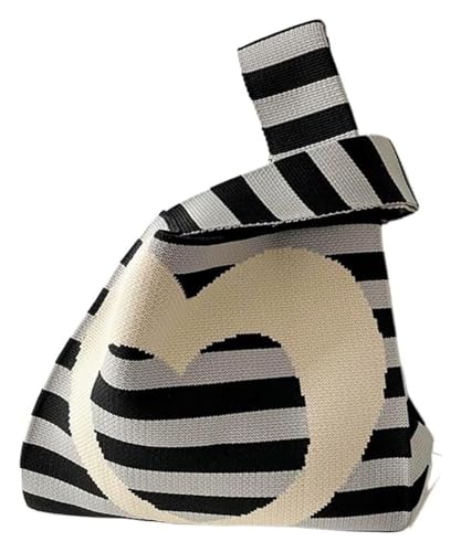 DXZXDJIU Minimalist Love Gestreifte, handgefertigte Strickhandtasche – Mini-Knoten-Handgelenktasche for Damen for Studenten und Wiederverwendbare Einkäufe(White) von DXZXDJIU
