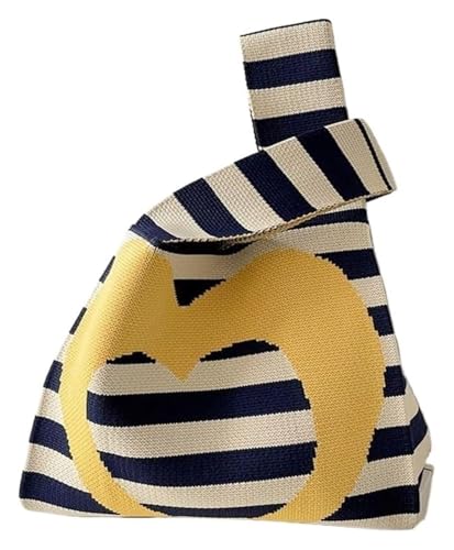 DXZXDJIU Minimalist Love Gestreifte, handgefertigte Strickhandtasche – Mini-Knoten-Handgelenktasche for Damen for Studenten und Wiederverwendbare Einkäufe(Yellow) von DXZXDJIU