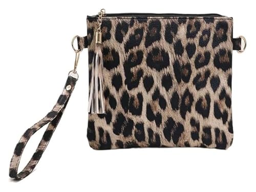 DXZXDJIU Stilvolle Handgelenktasche aus PU-Leder mit Leoparden-Kuh-Print – Clutch mit geometrischem Design for Damen, perfekt zur Aufbewahrung von Münzen und Mobiltelefonen(Leopard Print) von DXZXDJIU