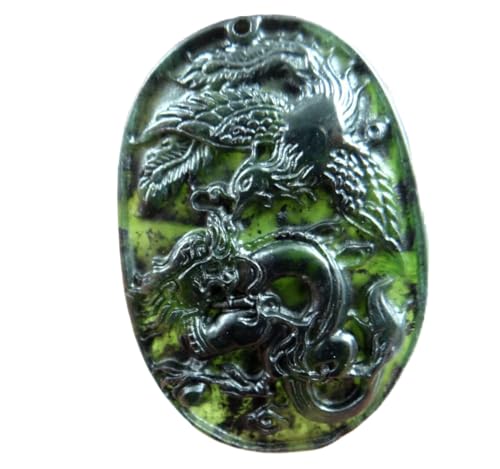 DXZYHMSDF Jade-Anhänger, chinesischer Jade-Anhänger, natürlicher chinesischer schwarzer grüner Stein, handgeschnitzte Statue von Drache und Phönix, Amulett-Anhänger, Halskette, Schmuckherstellung von DXZYHMSDF