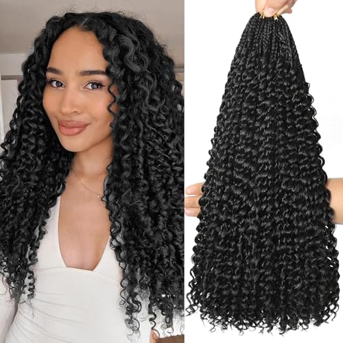 Goddess Box Braids Crochet Hair 8 Packs with Curly Ends Pre Looped Boho Water Wave Crochet Hair Deep Wavy Ends Gogo Curl Crochet Hair with Jerry Curly Extensions for Black Women (1B#, 18inch) von DXdixiu