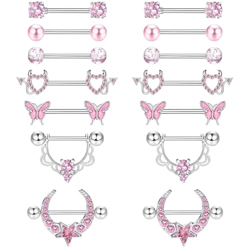 DXiongW 7 Paar 14G Nippelpiercing für Frauen Chirurgenstahl Zungenpiercing Rosa Schmetterling Herz Brustwarzenpiercing 16mm Barbell Piercing Edelstahl Nippelringe Körperpiercing Schmuck Set für Damen von DXiongW