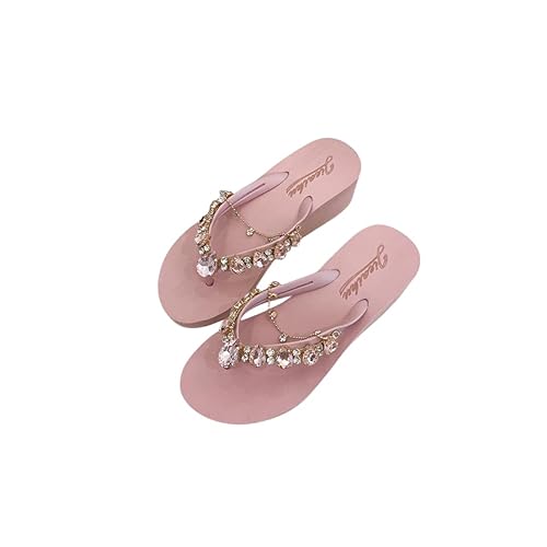 DYJAGYO Damen Plateau Flip Flops mit Strass, Damen Flip Flops mit Strass, Modische Party- und Hochzeitssandalen (39,Pink) von DYJAGYO