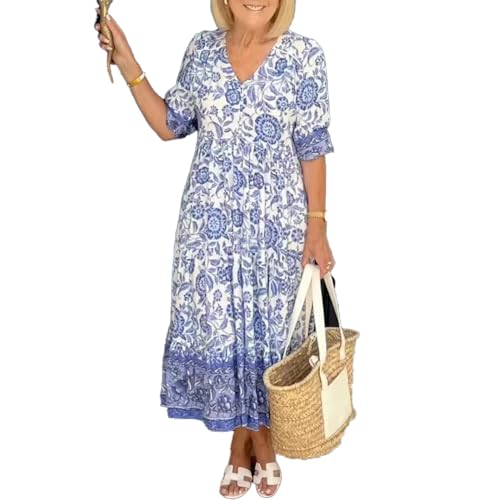 DYJAGYO V-Ausschnitt Boho Kleid, Sommer Floral Print Strandkleid, Damen Freizeitkleider 2024 (Blue,3X-Large) von DYJAGYO