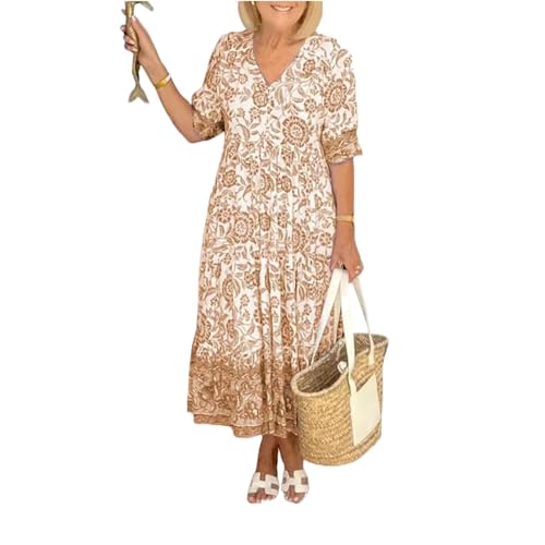 DYJAGYO V-Ausschnitt Boho Kleid, Sommer Floral Print Strandkleid, Damen Freizeitkleider 2024 (Khaki,4X-Large) von DYJAGYO