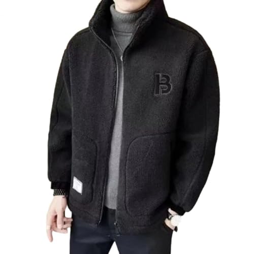 Herren Faux Wool Thick Jacket, Men's Solid Colour Loose Warm Jacket, Fleece Jacket, Men's Fashion Casual Coat (Black,2X-Large) von DYJAGYO