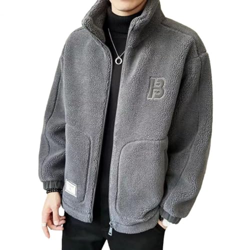 Herren Faux Wool Thick Jacket, Men's Solid Colour Loose Warm Jacket, Fleece Jacket, Men's Fashion Casual Coat (Grey,2X-Large) von DYJAGYO