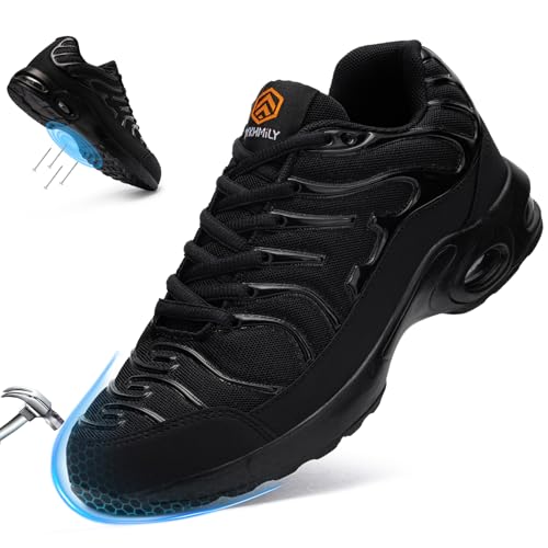 DYKHMILY Arbeitsschuhe Damen Weit Sicherheitsschuhe Leitht Stahlkappenschuhe Schnürsenkel Arbeitsschuhe Durchstoßfest Luftkissen Bequeme Dämpfung (Schwarz, 36EU weit) von DYKHMILY