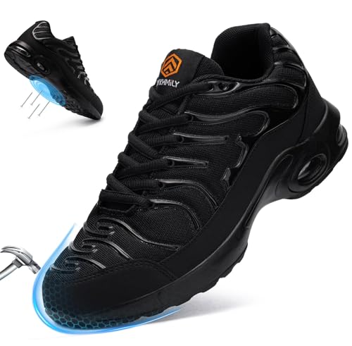 DYKHMILY Arbeitsschuhe Herren Sicherheitsschuhe Leichte Luftkissen Stahlkappenschuhe Arbeit Komfort Schutzschuhe Sportlich Atmungsaktive Pannensichere S1 (Schwarz,42EU) von DYKHMILY